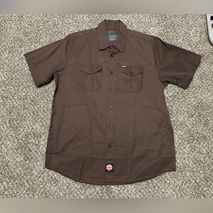 Dixxon Workforce Brown & Black Striped Men’s Short Sleeve Button Up Shirt Sz XL